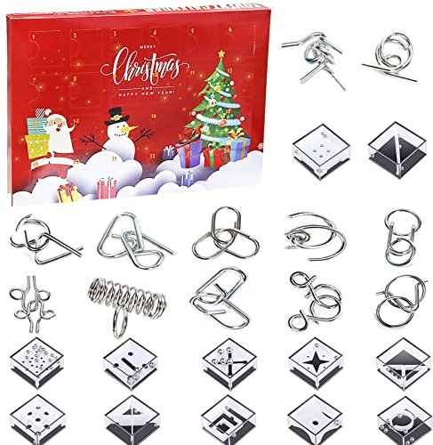 2025 Calendario de Adviento de Navidad, 24 Piezas Calendario Adviento Rompecabezas Adultos, 12 Piezas Rompecabezas de Metal + 12 Piezas Mini Juegos de Rompecabezas para Adultos