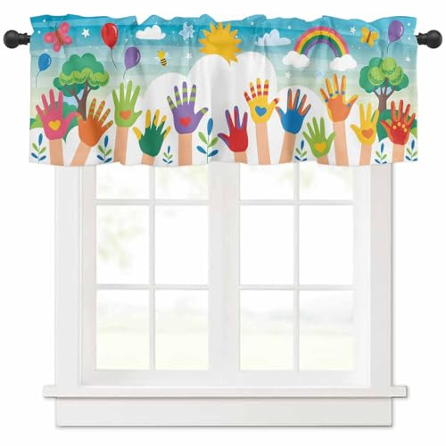 Homechoid Children's Day Curtain Valance for Windows/Living Room/Kitchen/Bathroom/Farmhouse, Kids Cartoon Handprint Bee Sun Rainbow Short Rod Pocket Tier Curtain Window Treatment, 1 Panel 54x18