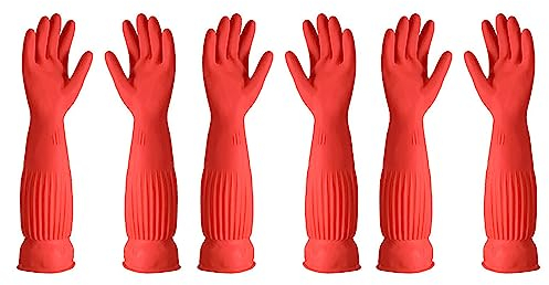 BAMFY 3 Paare Putzhandschuhe Wiederverwendbar Lang Haushaltshandschuhe Halten Küche Sauber Perfekt for Teller Und Hausarbeit (Color : Red A, Size : Medum)