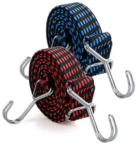 2 Pezzi Corde Elastiche con Gancio, 2M Regolabili piatte Elastici con Ganci Tenditori, Extra forti Elastico Tenditori per Campeggio, Automobili, Giardinaggio, Carico Pesante