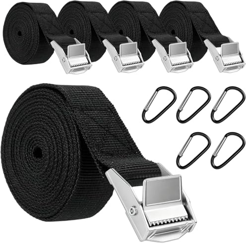 5PCS Tie Down Straps,1.5Mx25MM Tensioning Belts with 5 Carabiner Clip, Mini Adjustable Lashing Straps with Buckles, Small Cam Buckle Straps for Cargo,Luggage Suitcase,Motorcycle,Bike, Rack Roof,Black