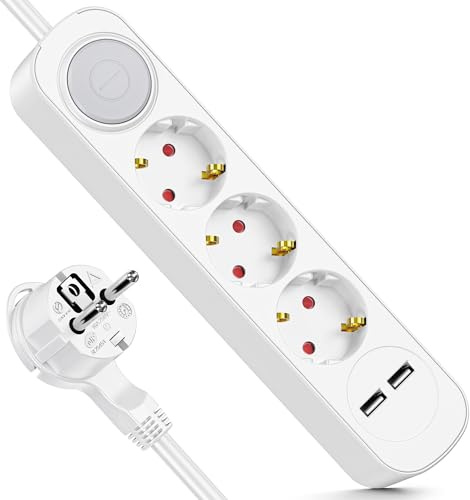 Realmade Direct Steckdosenleiste mit 3 Steckdosen & USB - 5m Verlängerungskabel mit Kindersicherung, 3680W Leistung & blendfreier LED, Perfekt für Zuhause/Büro (Familie & Profis)