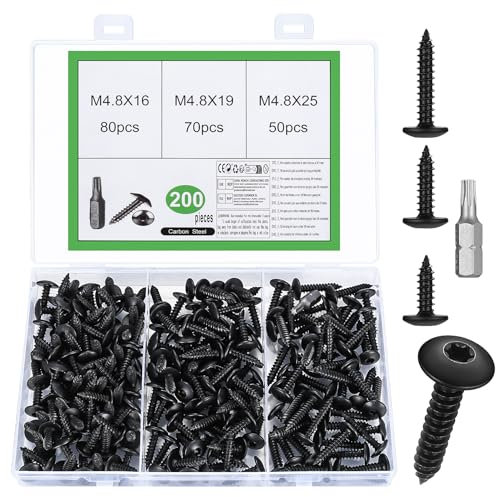 200 tornillos autorroscantes, M4,8 Torx, juego de tornillos negros para madera Torx de cabeza plana, tornillos de cabeza alomada para muebles de madera, con punta (M4,8)