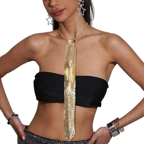 YJZQ Cravatta Glitter Brillanti Donna 40 CM Cravatta Strass Elegante Decorazione Collana per Festa Musicale Serate Costumate Carnevale Discoteca Banchetto, oro, Taglia unica
