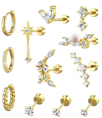 Jomdjmskes 12 Pcs Boucles d'Oreilles Femme, Bijoux Acier Inoxydable Chirurgical Femme, Piercing Oreille, Piercing Cartilage Tragus, Piercing Fleur Oreille Mini Helix Tragus pour Plusieurs Cartilage