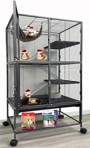 X-Large 31x18.5x53.5H Deluxe Double Unit 4-Tiers Tight 1/2-Inch Bar Spacing Large Front Doors Water Bottle Food Bowl Feisty Ferret Hammock Squirrel Chinchilla Rat Small Animal Critter Rolling Cage