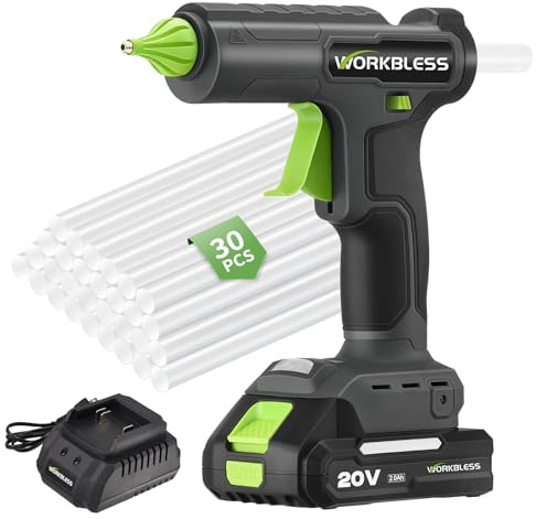 WORKBLESS Pistola per colla a caldo a batteria, 20 V, 100 W, max 100 °C, anti-goccia, ideale per fai da te, montaggio di mobili, riparazione della casa, con 30 bastoncini di colla da 11 mm, batteria e