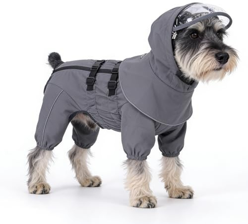Geyecete dog raincoats waterproof with Hood with Removable Leg Sleeves rain coat Adjustable Traction rope hole zipper Reflective Strips-Grey-S