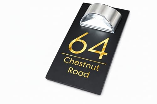 Bellissima LED A4 Solar House Sign 300 x 160mm Illuminated Acrylic Door Number Plaque with Solar Light, Modern Weatherproof Address Sign for Outdoor Wall (Black & Gold Mirror)