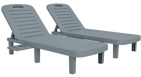 Outsunny Set di 2 Lettini Prendisole da Giardino con Schienale Regolabile e Vassoi Retrattili, Sdraio da Giardino in Polipropilene, per Spiaggia, Piscina, 62x158x88 cm, Grigio Scuro