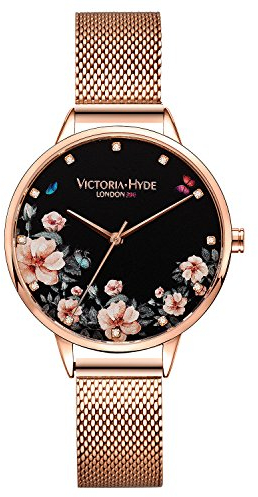 VICTORIA HYDE Rose Gold Women Analog Quartz Watches Floral Dial Stainless Steel Mesh Band Wristwatches for Ladies