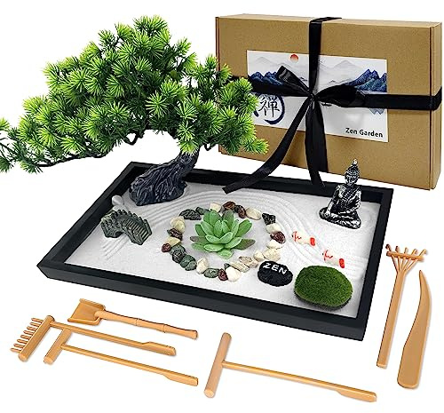LuXianYS Zen Garden, Mini Giardino, Kit da giardino giapponese Zen per scrivania,mini tavolo Zen Sand Garden Kit,Mini Rock Garden Meditazione Set Regalo per Home Office Decorazione, LX036-6