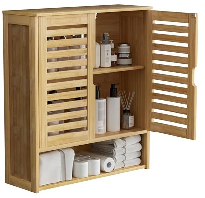 unho Meuble Salle de Bain Mural: Armoire Toilette Suspendu en Bambou Naturel Placard WC 2 Portes Rangement Cuisine Murale avec Étagères Réglables - 59x20.5x66.5 cm