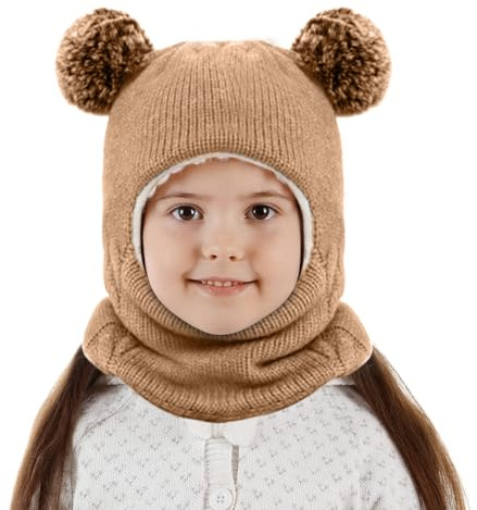 BNGXR Gorro de Punto para bebé,Bebé Bufanda Gorro Cálido,Gorro de Invierno para niños,Gorro de Punto con orejera térmica 2 en 1,Esquí A Prueba de Viento Sombrero, para Niñas y Niños - Marrón