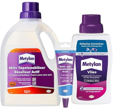 Metylan Vlies Fertigkleister Konzentrat, für den sofortigen Einsatz, (1x500g) & Metylan Naht- und Reparaturkleber (1x60g) & Metylan Tapetenablöser Aktiv-Konzentrat (1x 1l)