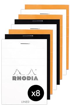 RHODIA 11600AMZC - Un lot de 8 Bloc-Notes Agrafé N°11 - A7 - Ligné - 80 Feuilles Détachables -80 g/m² - 3 couleurs assorties (Orange, noir et blanc)