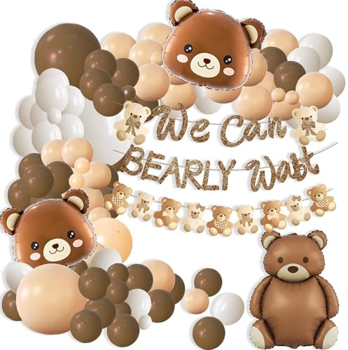 Bearly Wait - Decoración para baby shower, globos de oso bohemio, pancarta de espera con lemas, 129 arcos de globos color piel y marrón, revelación de género de oso baby shower, fiesta de cumpleaños