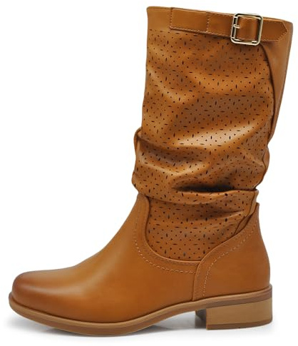 IF Fashion Botas de mujer Biker Motociclista perforadas primavera verano con hebilla LY70-4, 205 Camel, 37 EU