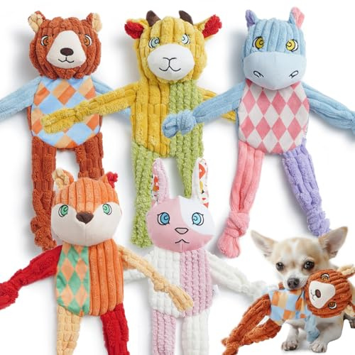Nocciola 5PC No Stuffing Puppy Toys - Dog Toys Plushies Whimsical Variety Colors Animal Plush Toy with Squeaky Crinkle Sound to Keep Them Busy for Small Medium Dogs