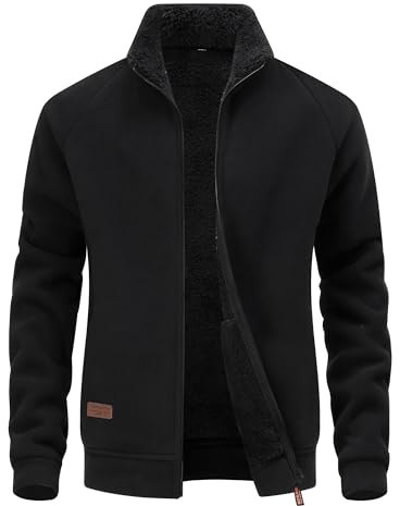 CoXuantion Veste Hiver Polaire Homme Col montant Chaude Veste Légère Coupe-vent Manteau avec poches zippées Manteau de Randonnée pour course loisirs 3XL,Noir