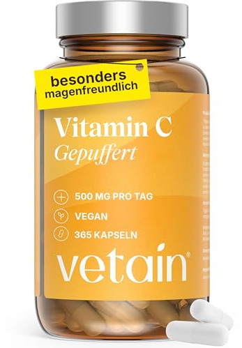 VETAIN Vitamin C gepuffert 500mg - 365 vegane Kapseln - säurefreies Calcium - pH-neutral, magenschonend & hochdosiert - produziert & laborgeprüft in Deutschland