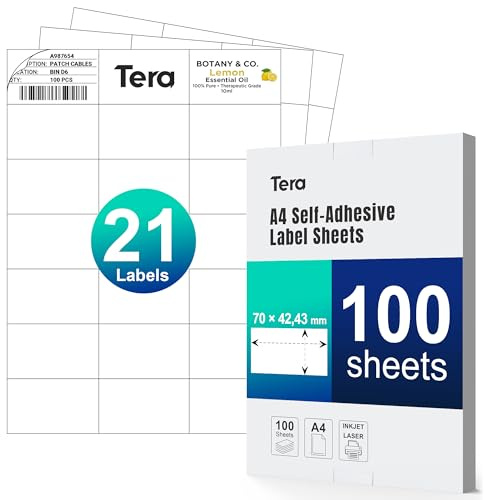 Tera adhesivas etiquetas dirección térmicas A4 70 × 42,43 mm: 2100 etiquetas (100 hojas A4, 21 por hoja) blanco mate imprimible para envío direcciones almacén identificación BA0007*2100