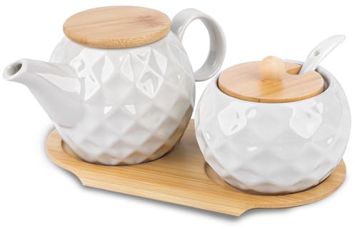 Mjölk- och sockerset med lock och sked, keramisk mjölkkanna och sockerskål vit med träbricka, 355 ml barista mjölkbehållare och 220 ml sockerdispenser, mikrovågsugn och diskmaskin säker (C)