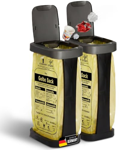 Novaliv Set di 2 Supporti per Sacco della Spazzatura con Coperchio Oscillante – Supporto per Sacco Giallo per 70-120L | 2in1 Coperchio Oscillante & a Ribalta, Riempibile con Sabbia & Resistente alle