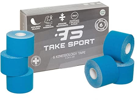 TAKE SPORT, NOVITÀ 2023! Kinesio tape, Nastro kinesiologico, Tape kinesiologico, Kinesio taping. 6 rotoli, 5 x 5m, 95% Cotone 5% Spandex, elastico. (color nero, rosa, azzurro, pelle)