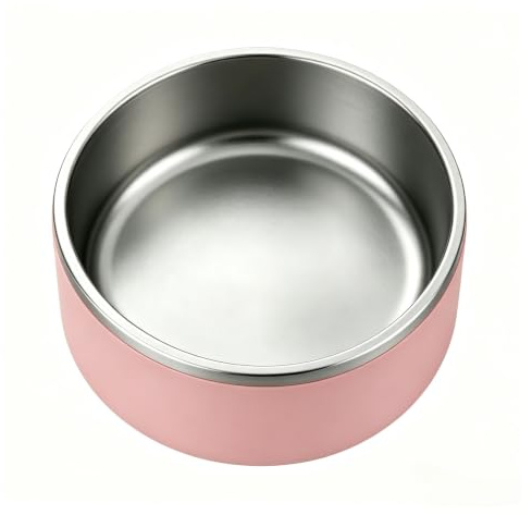 Gteller 32 oz rostfritt stål hundskålar med dubbla väggar, BPA-fria halkfria husdjursskålar, kattmat och vattenskål med gummibas (32 oz, rosa)