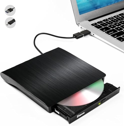 Ziweo External CD DVD Drive, Portable USB 3.0 Type-C CD Burner CD +/-RW Drive DVD Player for ROM Rewriter Burner Compatible with Laptop Desktop PC Windows MacBook Linux Mac OS