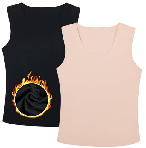 2 Pcs Ladies Thermal Sleeveless Camisole Tops Women Thermal Underwear Winter Warm Vest Size 6 to 18(Large,Black, Nude)