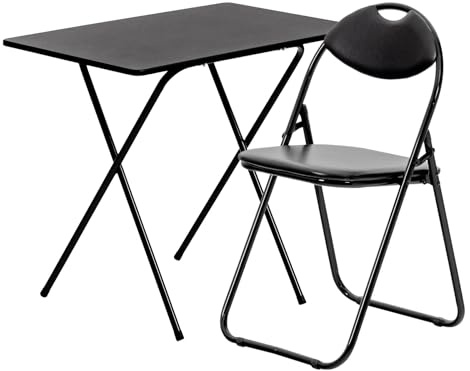 Harbour Housewares Wooden Folding Desk & Chair Set - Black/Black Small Portable Home Office Wooden Top Foldable Desk and Folding Chair Set Workstation for PC, Laptop Study