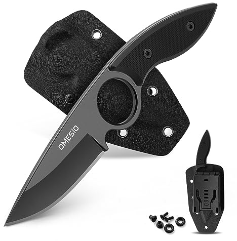 Omesio Small Fixed Blade Knife, Tactical Hunting Camping Knife with Kydex Sheath, Full Tang Stainless Steel Compact EDC Neck G10 Handle with Gift Box for Men (Black)
