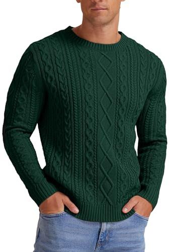 Hisir Men's Winter Cable Knit Jumpers Casual Crew Neck Thick Warm Long Sleeve Sweater Pullover Tops for Men UK (Dark Green, M)