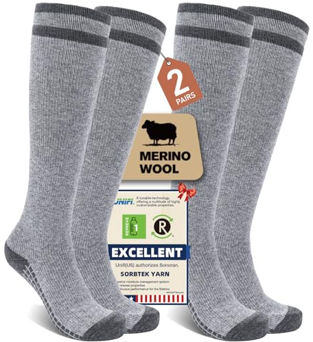 SONORAN 2 Pairs Merino Wool Compression Socks for Men Women, Knee High Winter Thermal Thick Warm for Cold Weather Christmas Gift S/M Gray