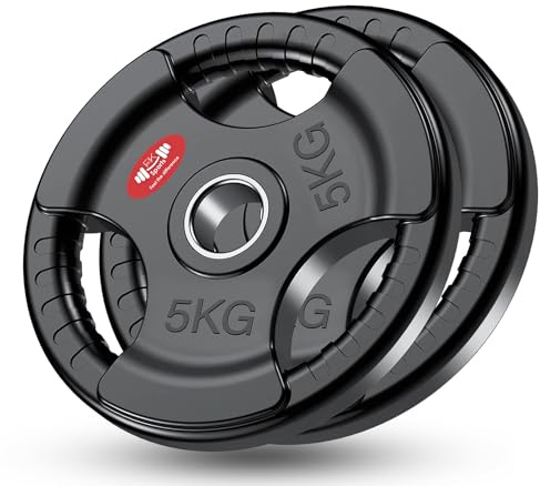 FK Sports Olympic Weight plates Rubber Coated Cast Iron Weights, 2 Inch opening, 2.5kg, 5kg, 10kg, 15kg, 20kg, 25kg, Black Tri grip Barbell Plates, Weight Plates for 2 barbell, Sold in Pair (5 kg)