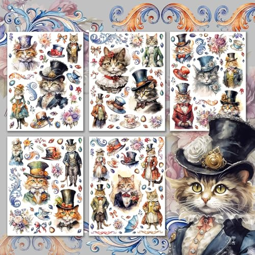 Decoupage Paper Pack (15 Sheets 8x11) English Cats in Victorian Style Clothing at Tea Party HANATABA Vintage Styled Ephemera Pictures for Decoupage Craft and Scrapbooking