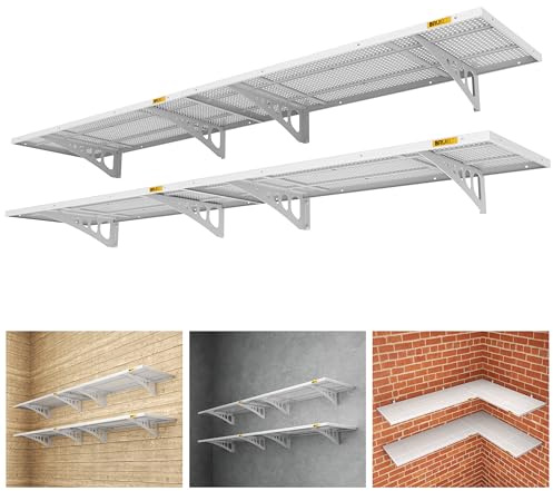 Brukid 4Pack 1.64x4ft Adjustable Metal Garage Wall Shelving Heavy Duty Garage Storage Shelf Wall Mounted White
