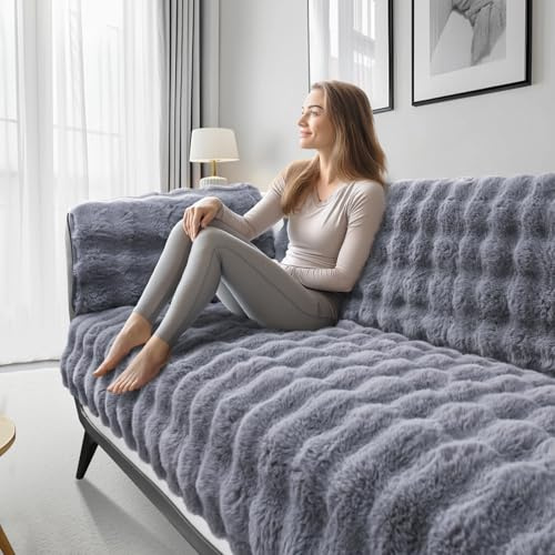 NAKIHOUSE Gray Rabbit Plush Sofa Covers 1 2 3 4 Seater, Washable Sofa Slipcovers for Corner L Shape, Non-Slip Super Thick Sofa Cushion Covers, Universal Furniture Protector (70x150cm)