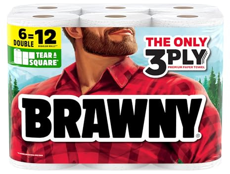 Brawny Tear-A-Square - Toallas de papel de 3 capas, 6 rollos dobles = 12 rollos regulares, fuertes, absorbentes y duraderos con 3 tamaños de hoja (cuarto, medio, completo)
