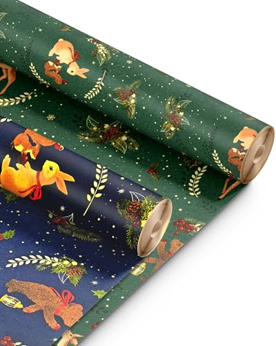Kraft & Co 2 Pack Wrapping Paper Roll - Festive Designed Recyclable Kraft Paper, Perfect for Holiday Gifts, Arts & Crafts-Wrapping for a Merry Christmas (44.5cm x 25m) (Christmas Tree)
