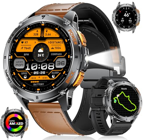 LIGE Reloj Inteligente Hombre con GPS,LED Linterna,1.43'' AMOLED,530mAh,IP68 Impermeable,Más de 30 días en Espera,Llamadas Bluetooth Smartwatch para Android iOS