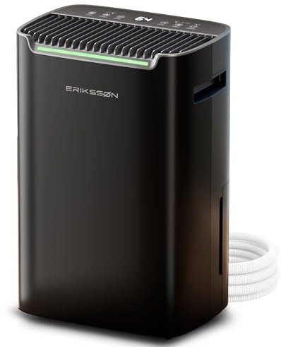 Erikssøn Deshumidificador con pantalla LED, temporizador y bloqueo para niños | Elimina 20 l de humedad al día | Para habitaciones de hasta 175 m³ | Función de secado | Con sensor de humedad