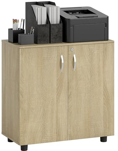Vinsetto Armadietto per Documenti con Serratura, Armadio da Ufficio con 2 Ante e 2 Ripiani, Mobiletto Multiuso Portaoggetti con Maniglia in Lega di Alluminio, per Casa Ufficio, 80x40x80 cm, Rovere