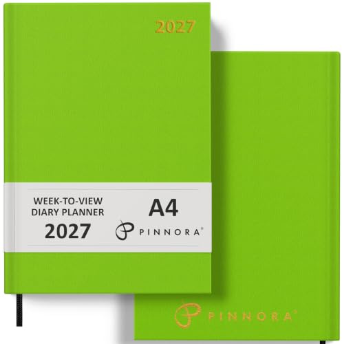 Pinnora 2027 Diary A4 Week to View, Lime Green Year Planner Organiser 2027 Week To View, 2027 Planner, Home, School & Office, Hard Back 2027 Diaries, A5 & A4 2027 Diary in Day Per Page & Week To View