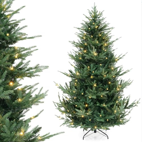COSTWAY 210 cm konstgjord julgran med belysning, gran med 340 varmvita LED-lampor och 8 ljuslägen, julgran med gångjärnsstruktur, konstträd, jul för hem, grön