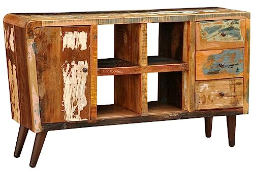 Armoire de Rangement Vintage en Bois Massif Récupéré avec 1 Porte, 4 Étages et 3 Tiroirs, Meuble de Salon ou Chambre Élégant Pratique, Unique et Écologique