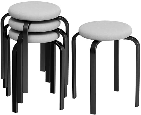 HOMCOM Stackable Stools Modern Cushioned Set of 4 for Kitchen Grey | Stacking Chairs, Round Backless Stools, Dining Room, Living Room
