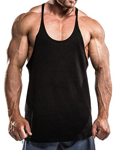 Muscle Alive Mens Gym Stringer Singlet 1cm Strap Stretchy Bodybuilding Workout Tank Top Cotton PLN Black S